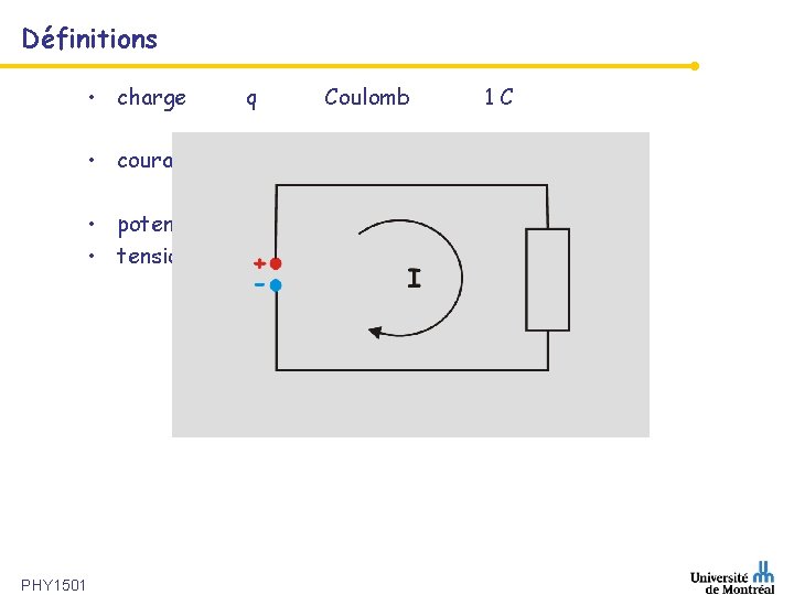 Définitions • charge q Coulomb 1 C • courant i ampère 1 A =