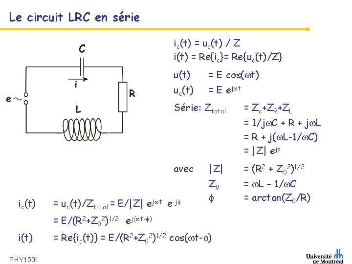 Le circuit LRC en série ic(t) = uc(t) / Z i(t) = Re{ic}= Re{uc(t)/Z}
