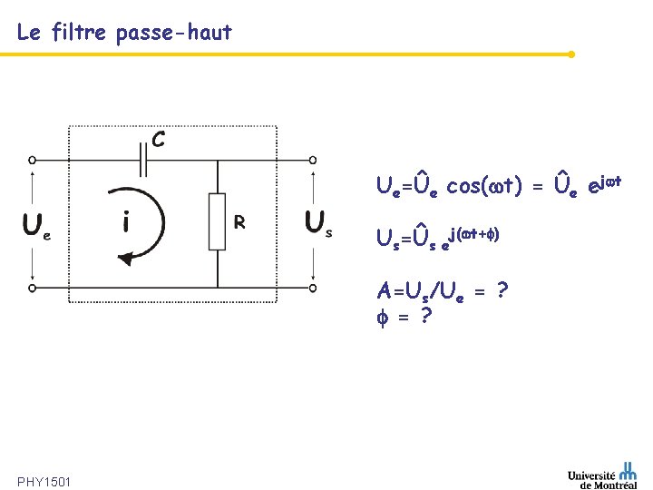 Le filtre passe-haut Ue=Ûe cos( t) = Ûe ej t Us=Ûs ej( t+ )