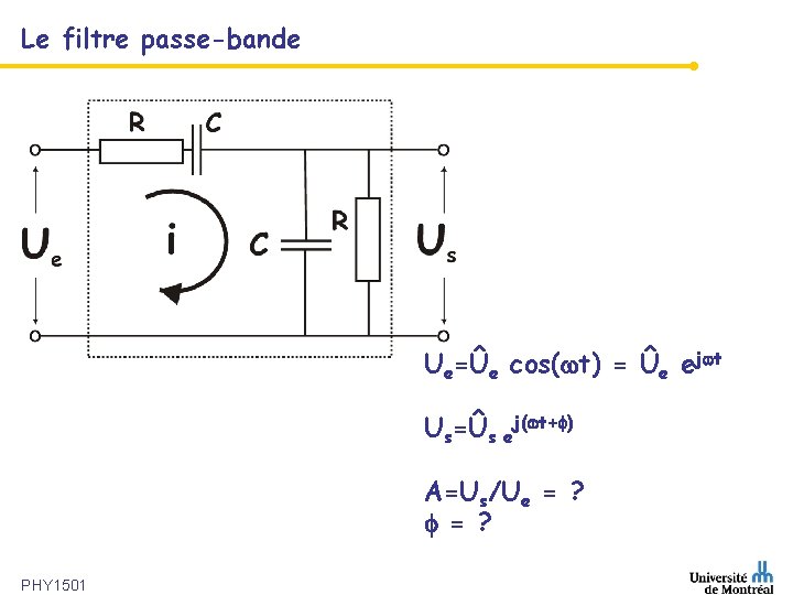Le filtre passe-bande Ue=Ûe cos( t) = Ûe ej t Us=Ûs ej( t+ )