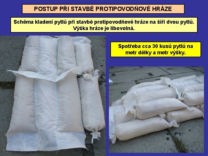 POSTUP PŘI STAVBĚ PROTIPOVODŇOVÉ HRÁZE Schéma kladení pytlů při stavbě protipovodňové hráze na šíři