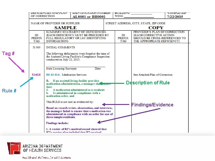 Tag # Description of Rule # Findings/Evidence 