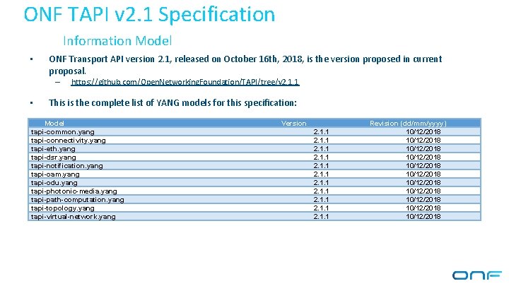 ONF TAPI v 2. 1 Specification Information Model • ONF Transport API version 2.