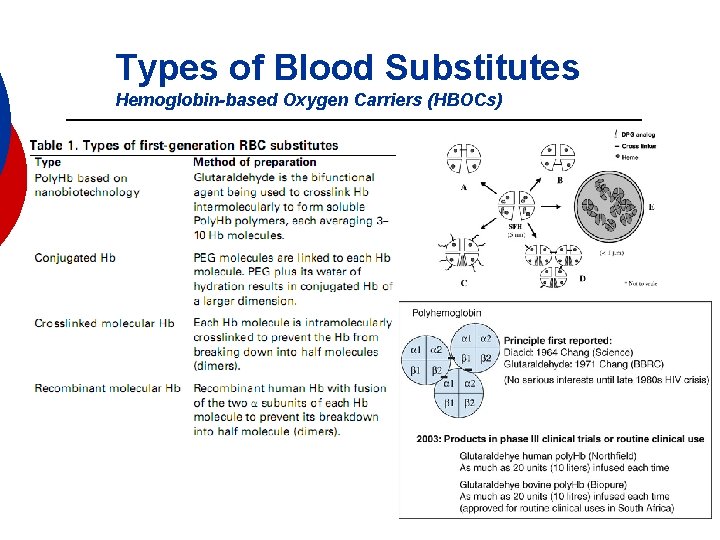 Types of Blood Substitutes Hemoglobin-based Oxygen Carriers (HBOCs) 