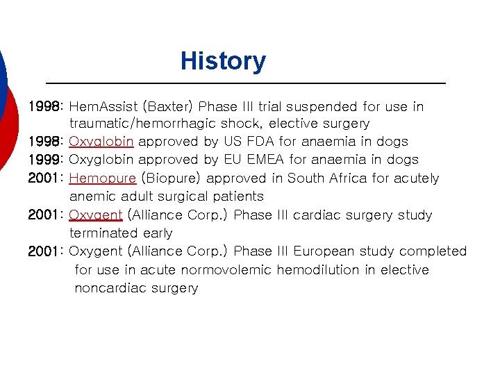 History 1998: Hem. Assist (Baxter) Phase III trial suspended for use in traumatic/hemorrhagic shock,