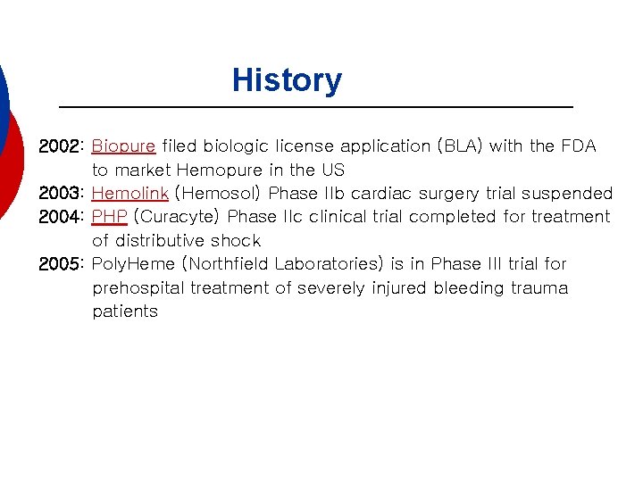 History 2002: Biopure filed biologic license application (BLA) with the FDA to market Hemopure