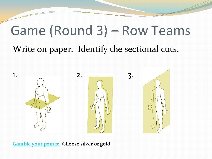 Game (Round 3) – Row Teams Write on paper. Identify the sectional cuts. 1.