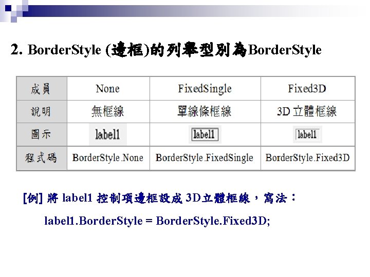 2. Border. Style (邊框)的列舉型別為Border. Style [例] 將 label 1 控制項邊框設成 3 D立體框線，寫法： label 1.