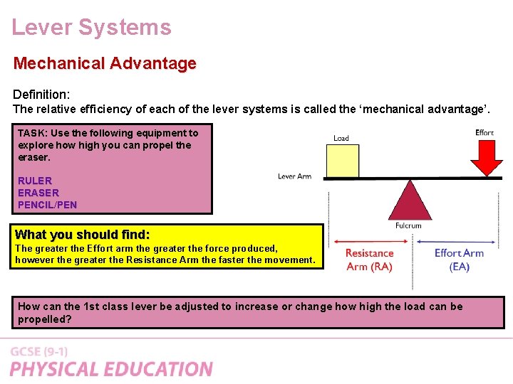 Lever Systems Mechanical Advantage Definition: The relative efficiency of each of the lever systems