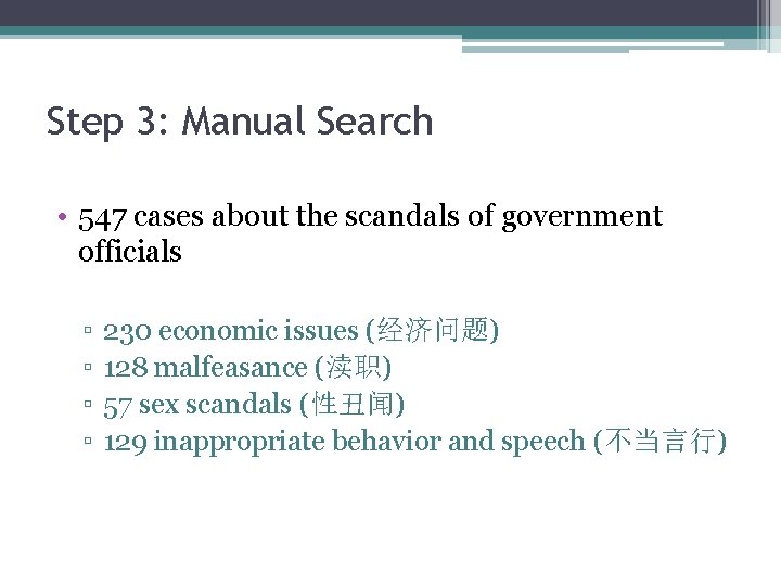 Step 3: Manual Search • 547 cases about the scandals of government officials ▫