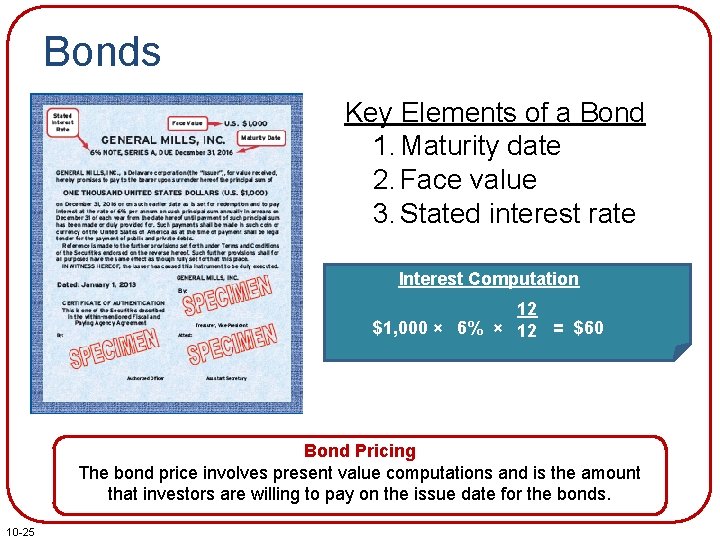 Bonds Key Elements of a Bond 1. Maturity date 2. Face value 3. Stated