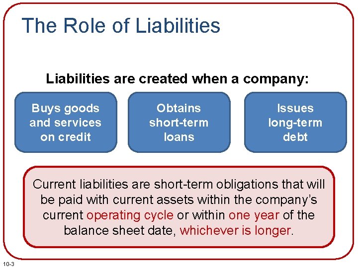 The Role of Liabilities are created when a company: Buys goods and services on