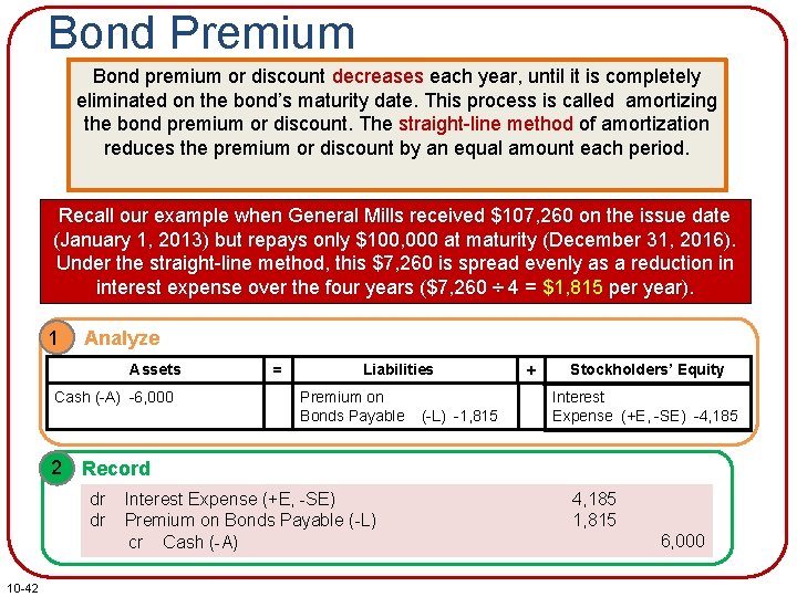 Bond Premium Bond premium or discount decreases each year, until it is completely eliminated