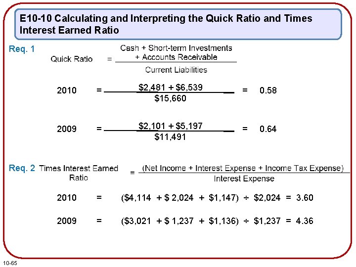 E 10 -10 Calculating and Interpreting the Quick Ratio and Times Interest Earned Ratio