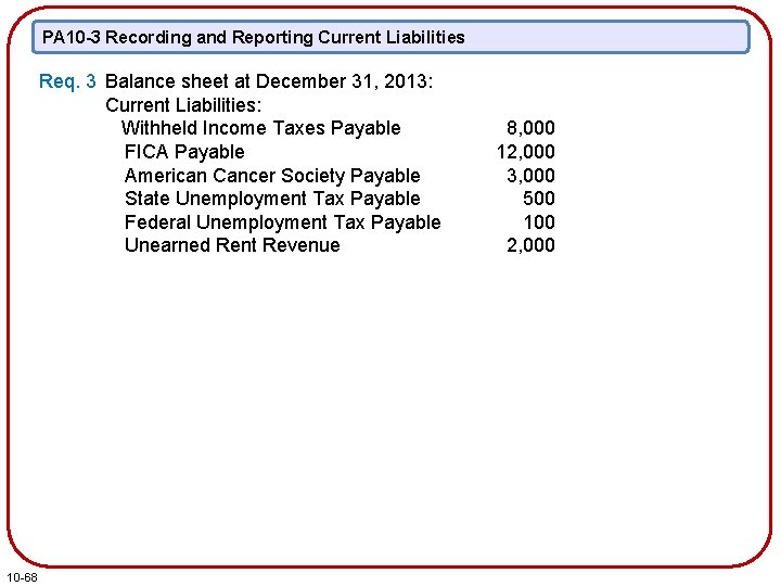 PA 10 -3 Recording and Reporting Current Liabilities Req. 3 Balance sheet at December