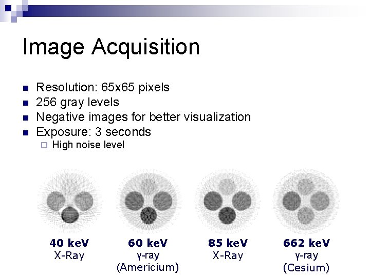 Image Acquisition n n Resolution: 65 x 65 pixels 256 gray levels Negative images