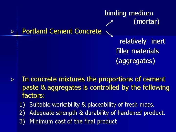  binding medium (mortar) Ø Portland Cement Concrete relatively inert filler materials (aggregates) Ø