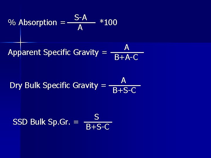 % Absorption = S-A A *100 A Apparent Specific Gravity = B+A-C A Dry