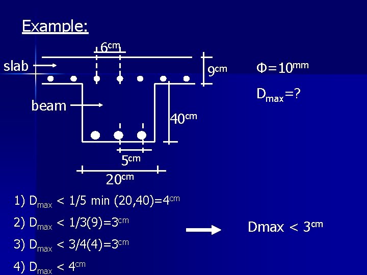 Example: 6 cm slab 9 cm Φ=10 mm Dmax=? beam 40 cm 5 cm