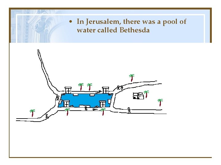  • In Jerusalem, there was a pool of water called Bethesda 