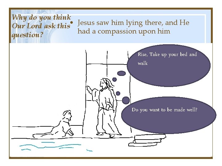 Why do you think Our Lord ask this • Jesus saw him lying there,