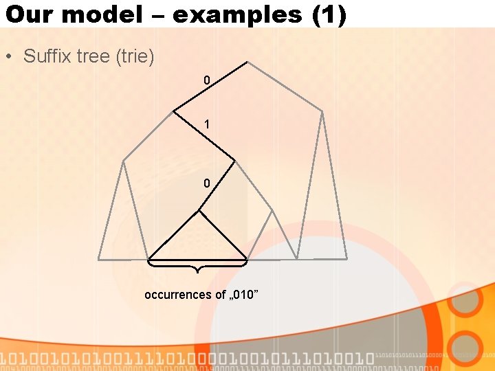 Our model – examples (1) • Suffix tree (trie) 0 1 0 occurrences of