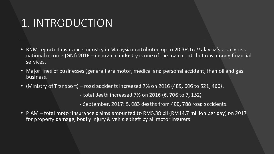 1. INTRODUCTION • BNM reported insurance industry in Malaysia contributed up to 20. 9%