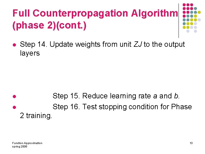 Full Counterpropagation Algorithm (phase 2)(cont. ) l Step 14. Update weights from unit ZJ