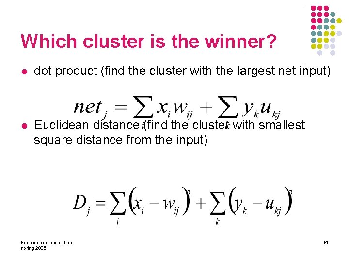 Which cluster is the winner? l dot product (find the cluster with the largest