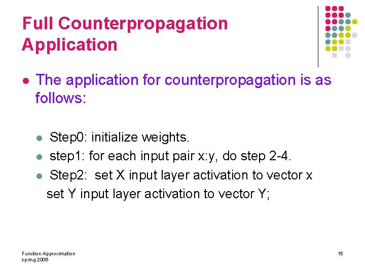 Full Counterpropagation Application l The application for counterpropagation is as follows: Step 0: initialize