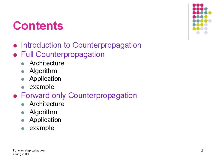 Contents l l Introduction to Counterpropagation Full Counterpropagation l l l Architecture Algorithm Application