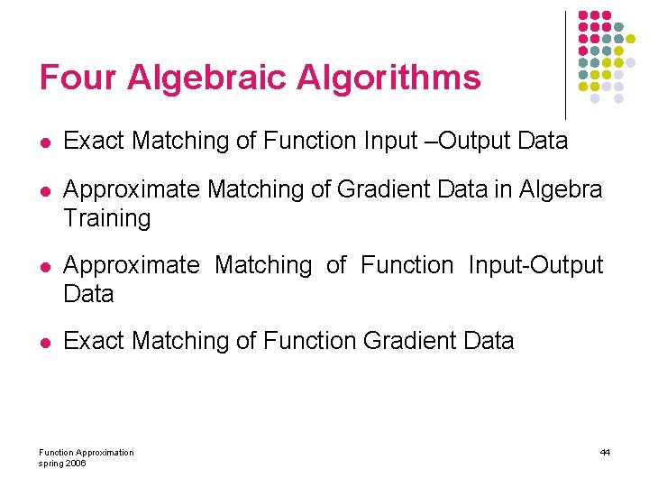 Four Algebraic Algorithms l Exact Matching of Function Input –Output Data l Approximate Matching