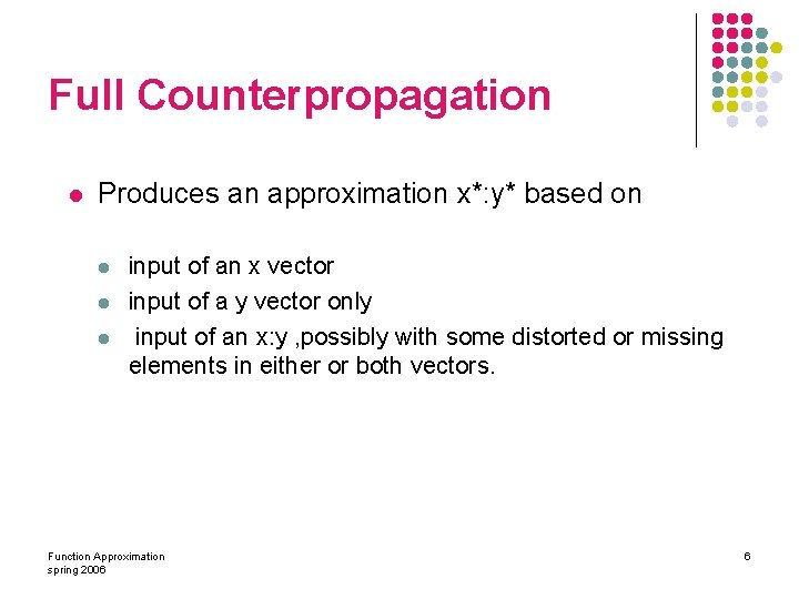 Full Counterpropagation l Produces an approximation x*: y* based on l l l input