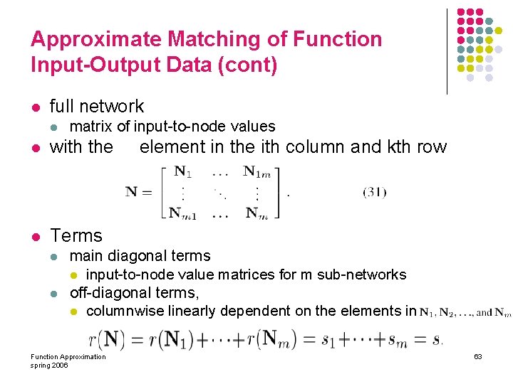 Approximate Matching of Function Input-Output Data (cont) l full network l matrix of input-to-node