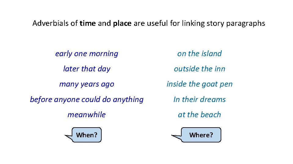 Adverbials of time and place are useful for linking story paragraphs early one morning