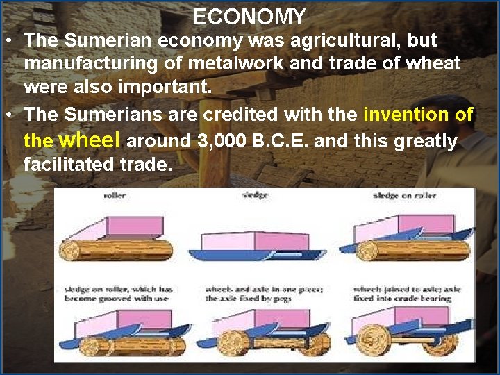 ECONOMY • The Sumerian economy was agricultural, but manufacturing of metalwork and trade of