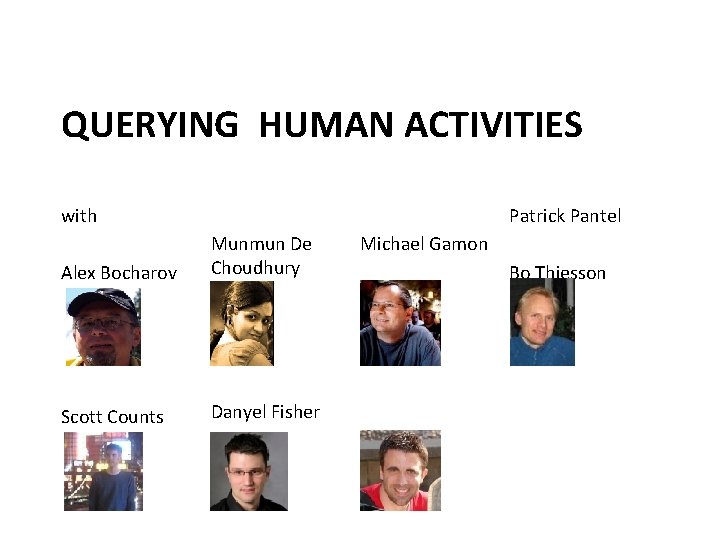 QUERYING HUMAN ACTIVITIES Patrick Pantel with Alex Bocharov Munmun De Choudhury Scott Counts Danyel