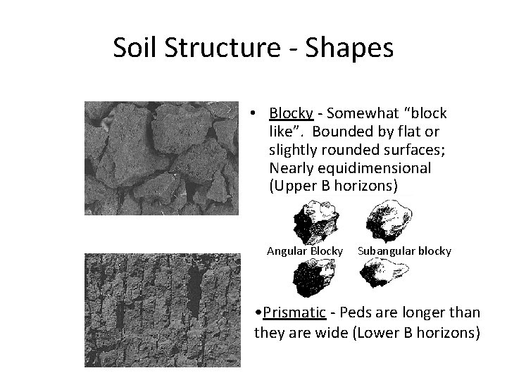Soil Structure - Shapes • Blocky - Somewhat “block like”. Bounded by flat or