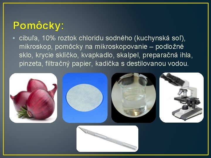 Pomôcky: • cibuľa, 10% roztok chloridu sodného (kuchynská soľ), mikroskop, pomôcky na mikroskopovanie – Pomôcky: • cibuľa, 10% roztok chloridu sodného (kuchynská soľ), mikroskop, pomôcky na mikroskopovanie –
