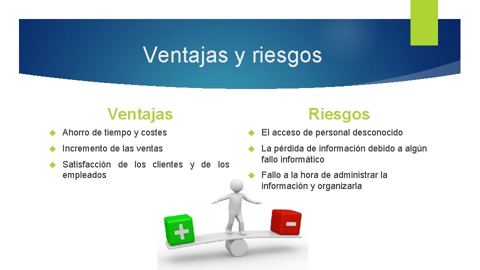 Ventajas y riesgos Ventajas Riesgos Ahorro de tiempo y costes El acceso de personal