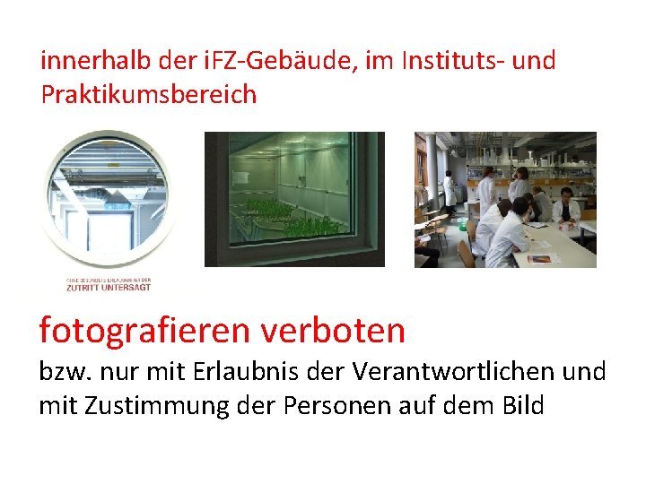 innerhalb der i. FZ-Gebäude, im Instituts- und Praktikumsbereich fotografieren verboten bzw. nur mit Erlaubnis