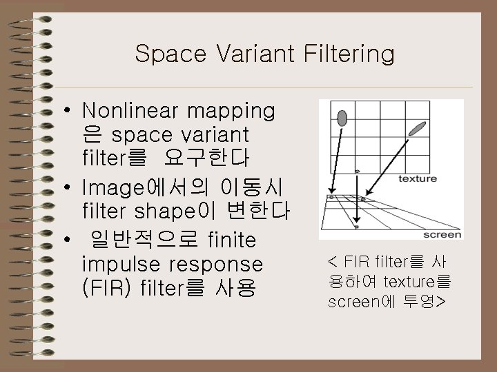 Space Variant Filtering • Nonlinear mapping 은 space variant filter를 요구한다 • Image에서의 이동시