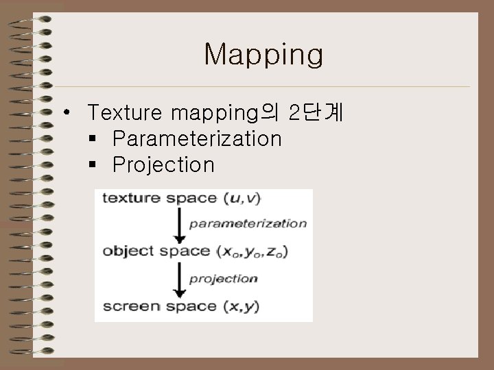 Mapping • Texture mapping의 2단계 § Parameterization § Projection 