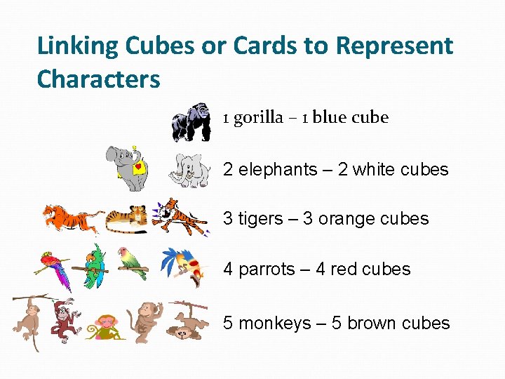 Linking Cubes or Cards to Represent Characters 1 gorilla – 1 blue cube 2