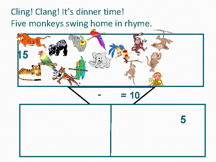 Cling! Clang! It’s dinner time! Five monkeys swing home in rhyme. 15 - =