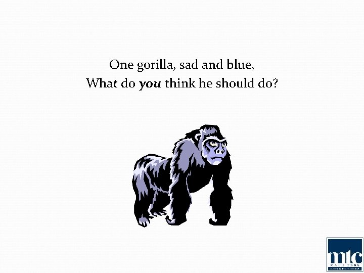 One gorilla, sad and blue, What do you think he should do? 