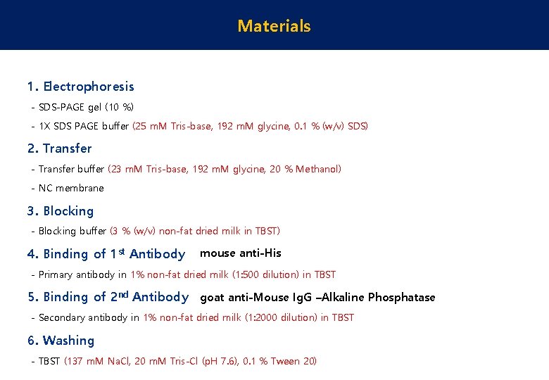 Materials 1. Electrophoresis - SDS-PAGE gel (10 %) - 1 X SDS PAGE buffer