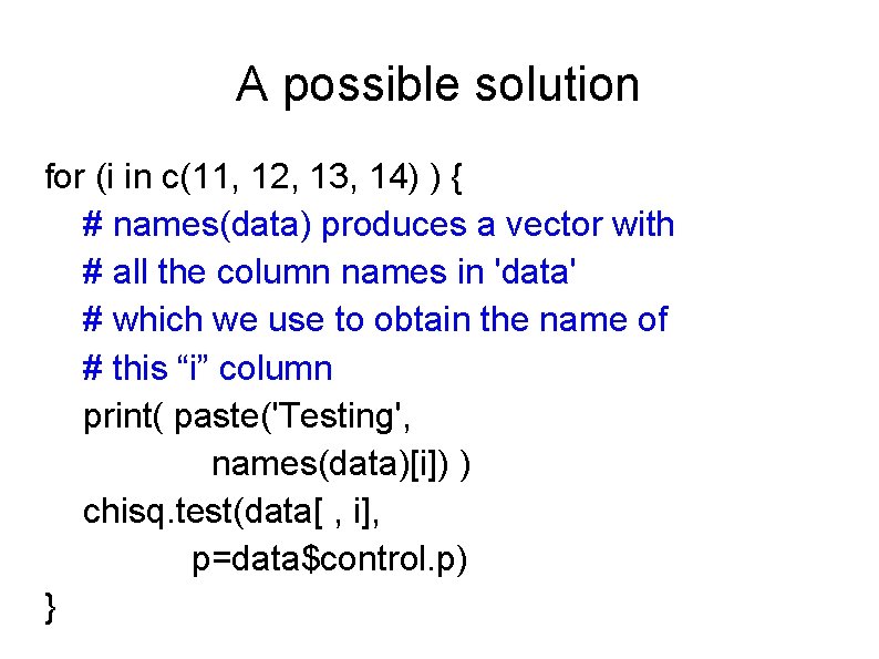 A possible solution for (i in c(11, 12, 13, 14) ) { # names(data)