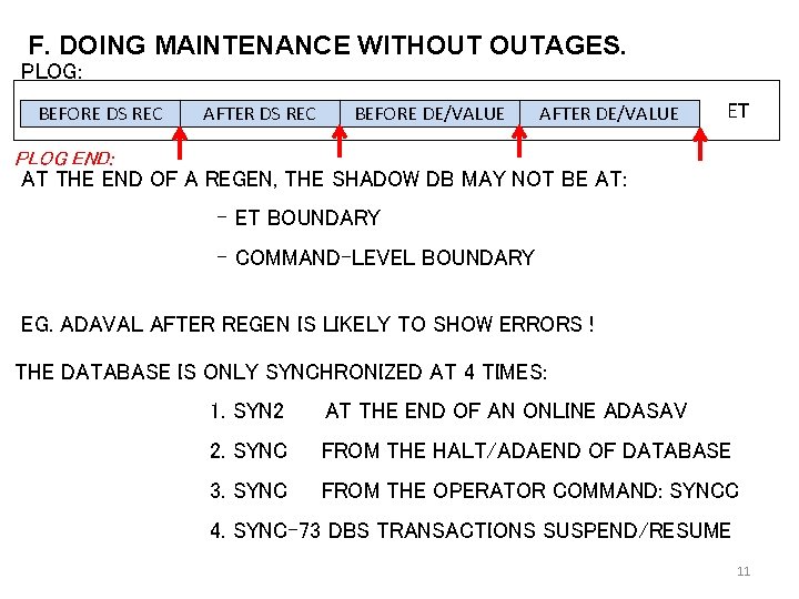 F. DOING MAINTENANCE WITHOUT OUTAGES. PLOG: BEFORE DS REC AFTER DS REC BEFORE DE/VALUE