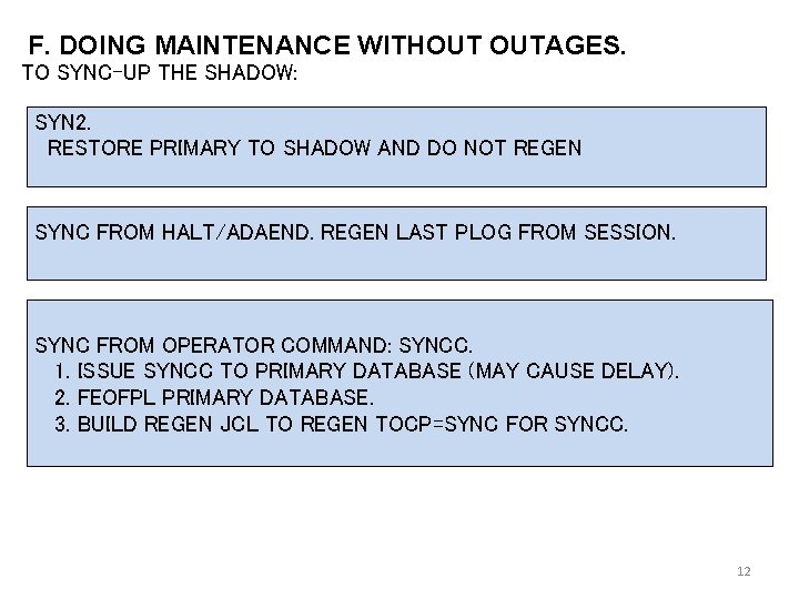 F. DOING MAINTENANCE WITHOUT OUTAGES. TO SYNC-UP THE SHADOW: SYN 2. RESTORE PRIMARY TO